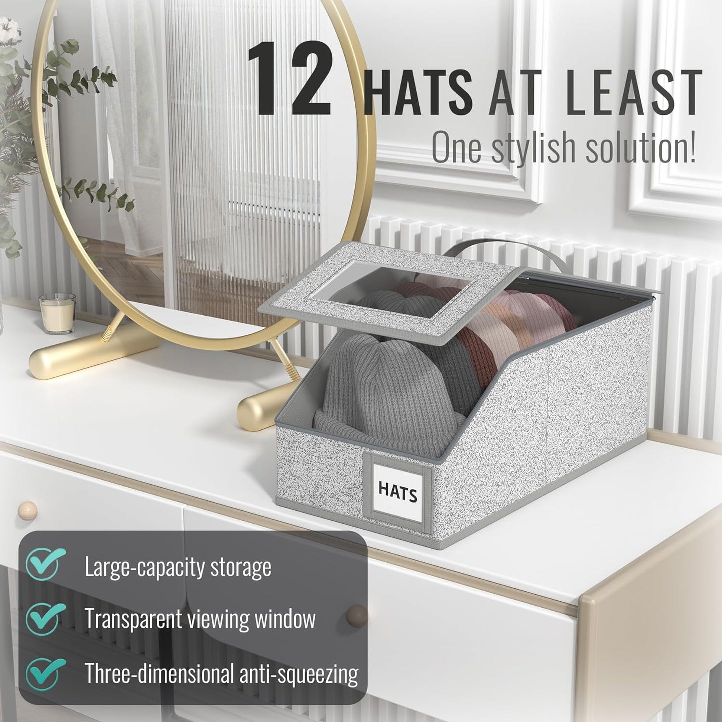 🎁Gray baseball cap storage box 2-piece stackable durable model Universal for men and women 24 hats Closet bedroom storage tool